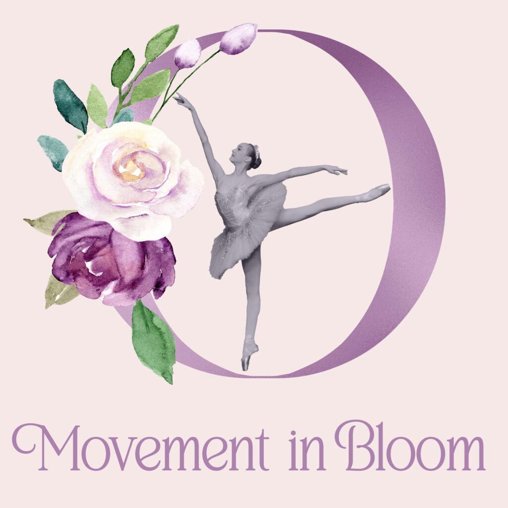 Dancer in arabesque in center of an O with flowers