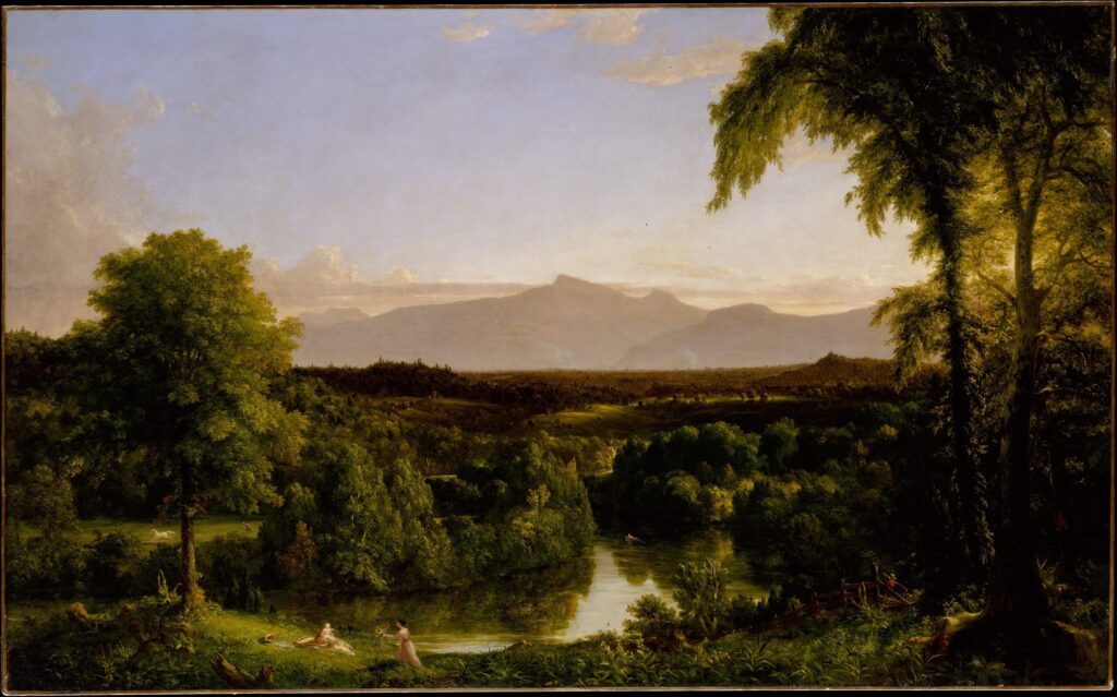 Painting of mountains in the distance by Thomas Cole
