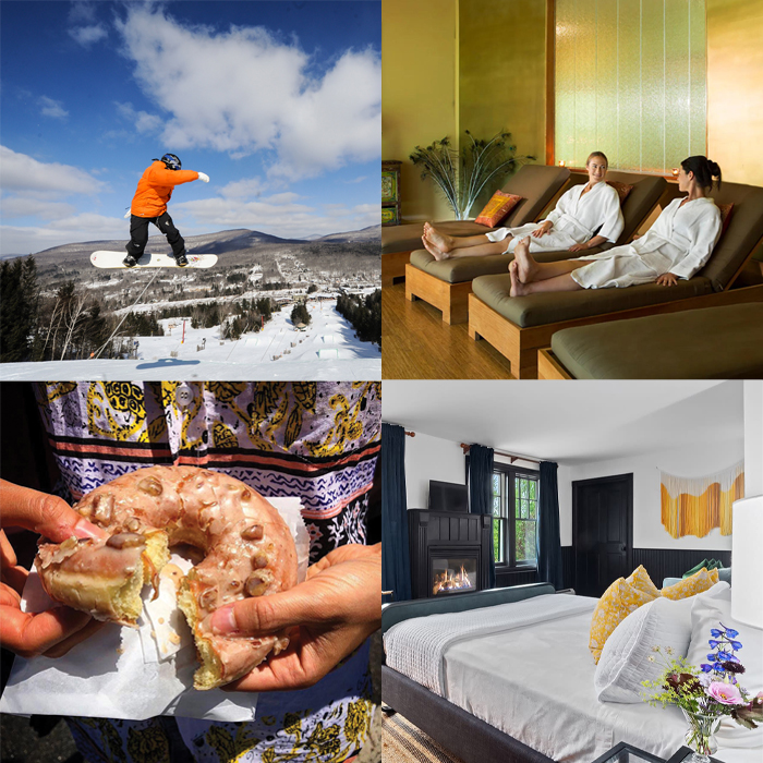 Four photos in a grid: snowboarder, spa, hotel room, donut