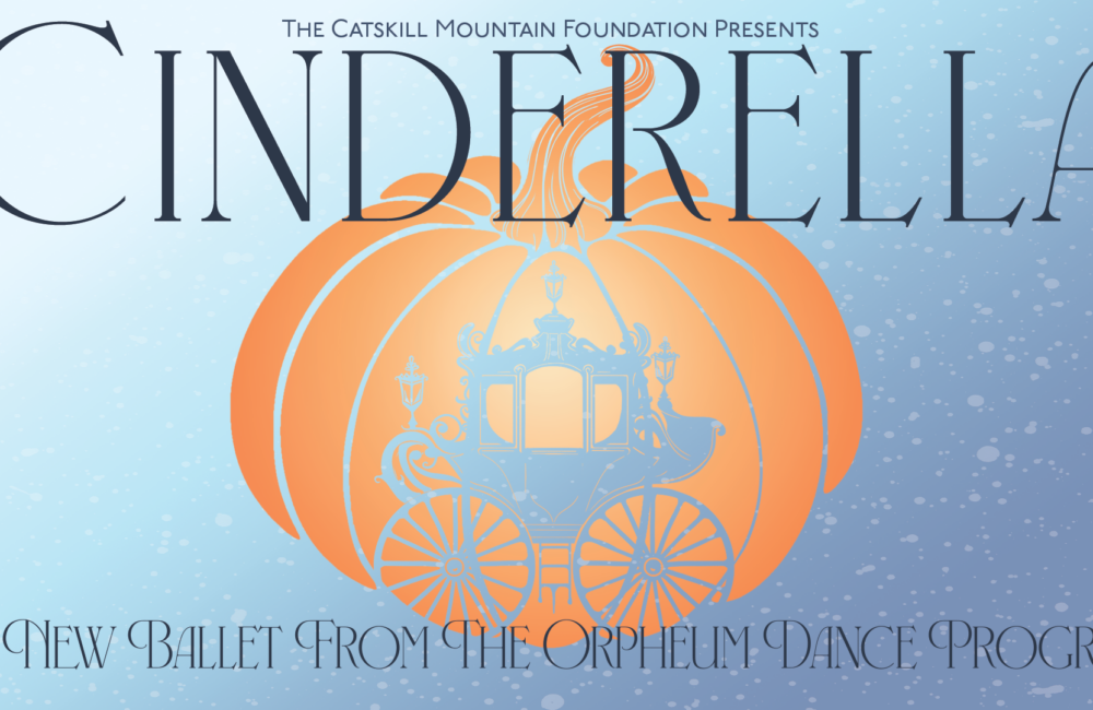 An orange pumpkin with the silhouette of a carriage sits on a light blue sky.