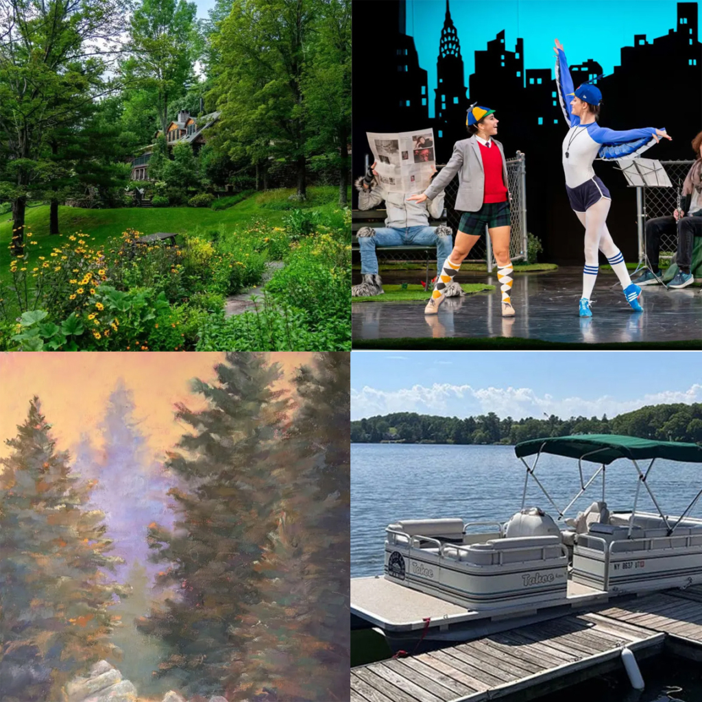 Four images in a square: a hotel in a green garden, two dancers on stage, boats on a lake, a painting of trees