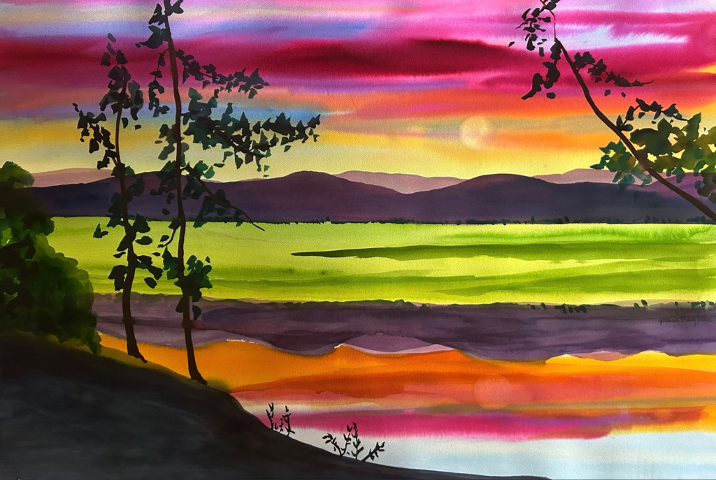 Painting of a sunrise over mountains